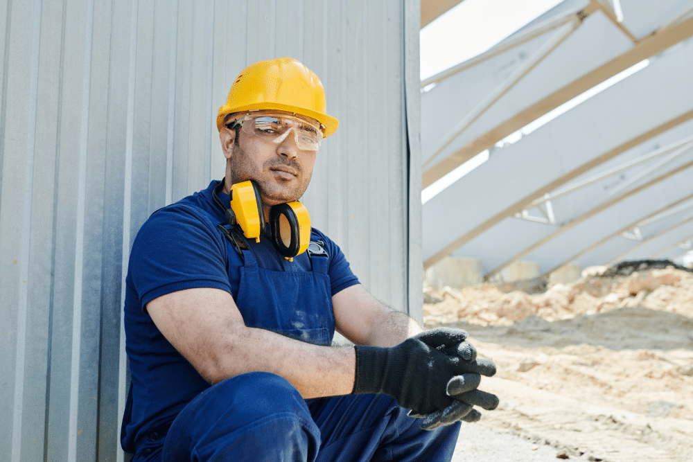 Arbeiter auf Baustelle hat Kopfhörer als Gehörschutz um den Hals hängen